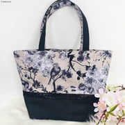 Tissu coton motif jardin japonais GUNMA aux oiseaux et fleurs de cerisier, fond lin - OEKO - TEX - tissuspipi.com