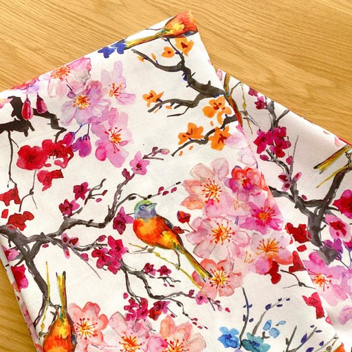 Tissu coton motif jardin japonais GUNMA aux oiseaux et fleurs de cerisier - OEKO - TEX - tissuspipi.com