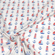 Tissu popeline de coton aux phares, bateaux et ancres de marine, fond blanc - tissuspipi.com