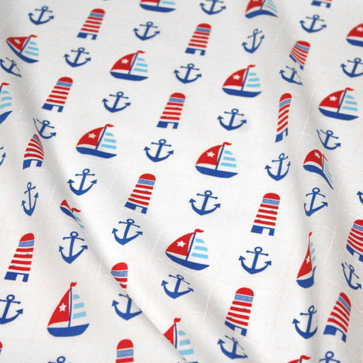 Tissu popeline de coton aux phares, bateaux et ancres de marine, fond blanc - tissuspipi.com