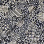 Tissu coton fin, Motifs japonais Asanoha, Seigaiha et Kikkō écru & indigo - STANDARD 100 OEKO - TEX - tissuspipi.com