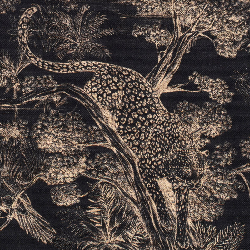 Tissu Toile de Jouy moderne noire & ocre, forêt tropicale, singes et léopards - COLLECTION ANIMALIA, par la maison Thevenon - tissuspipi.com