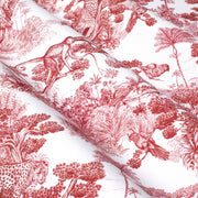 Tissu Toile de Jouy moderne rouge, forêt tropicale, singes et léopards - COLLECTION ANIMALIA, par la maison Thevenon - tissuspipi.com