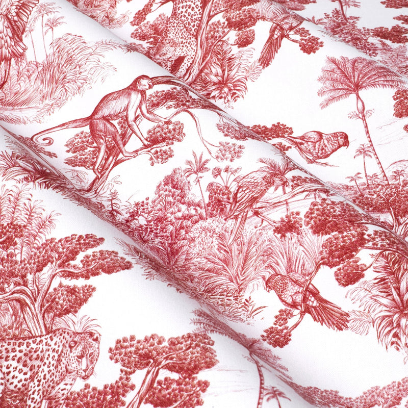Tissu Toile de Jouy moderne rouge, forêt tropicale, singes et léopards - COLLECTION ANIMALIA, par la maison Thevenon - tissuspipi.com