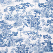 Tissu Toile de Jouy moderne bleue, forêt tropicale, singes et léopards - COLLECTION ANIMALIA, par la maison Thevenon - tissuspipi.com