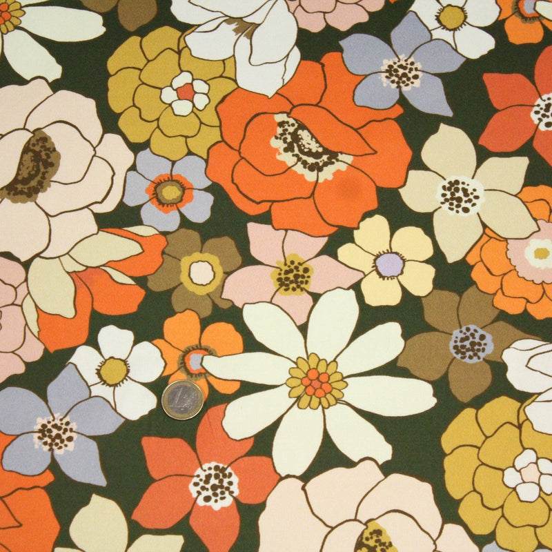 Tissu gabardine de coton SUZANNE imprimé fleurs rétro : bleu, rouille, olive - OEKO - TEX STANDARD 100 - tissuspipi.com