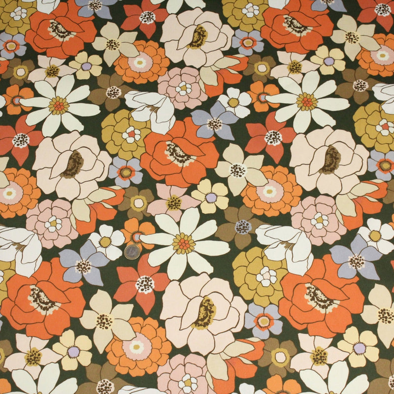Tissu gabardine de coton SUZANNE imprimé fleurs rétro : bleu, rouille, olive - OEKO - TEX STANDARD 100 - tissuspipi.com