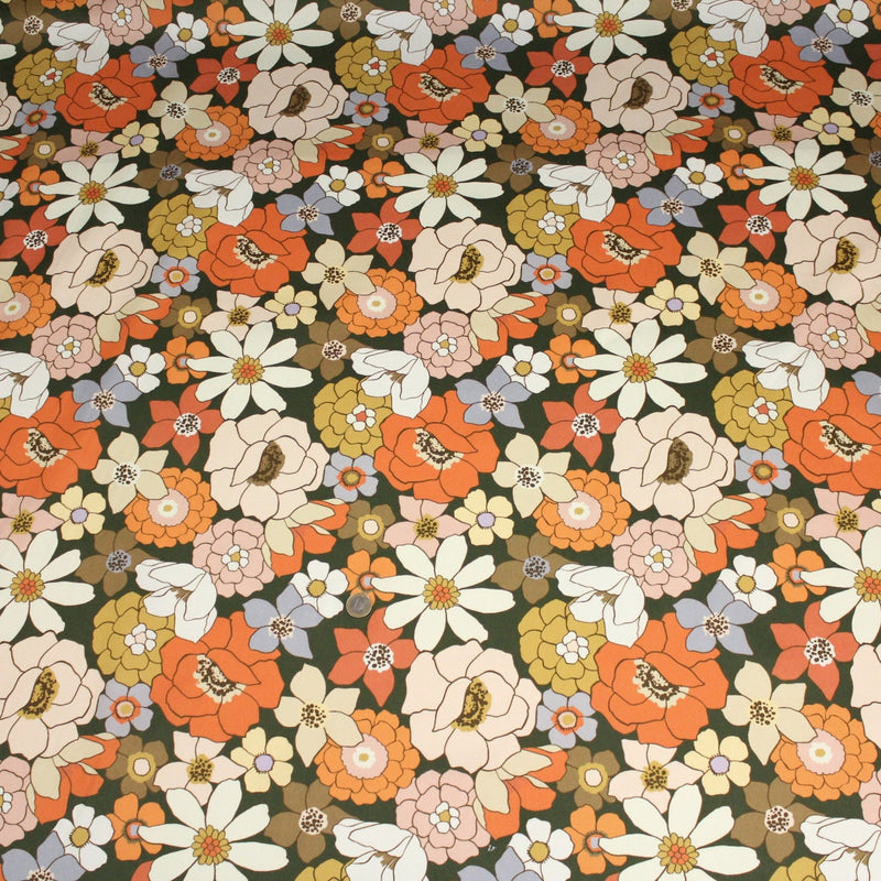 Tissu gabardine de coton SUZANNE imprimé fleurs rétro : bleu, rouille, olive - OEKO - TEX STANDARD 100 - tissuspipi.com