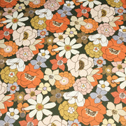 Tissu gabardine de coton SUZANNE imprimé fleurs rétro : bleu, rouille, olive - OEKO - TEX STANDARD 100 - tissuspipi.com