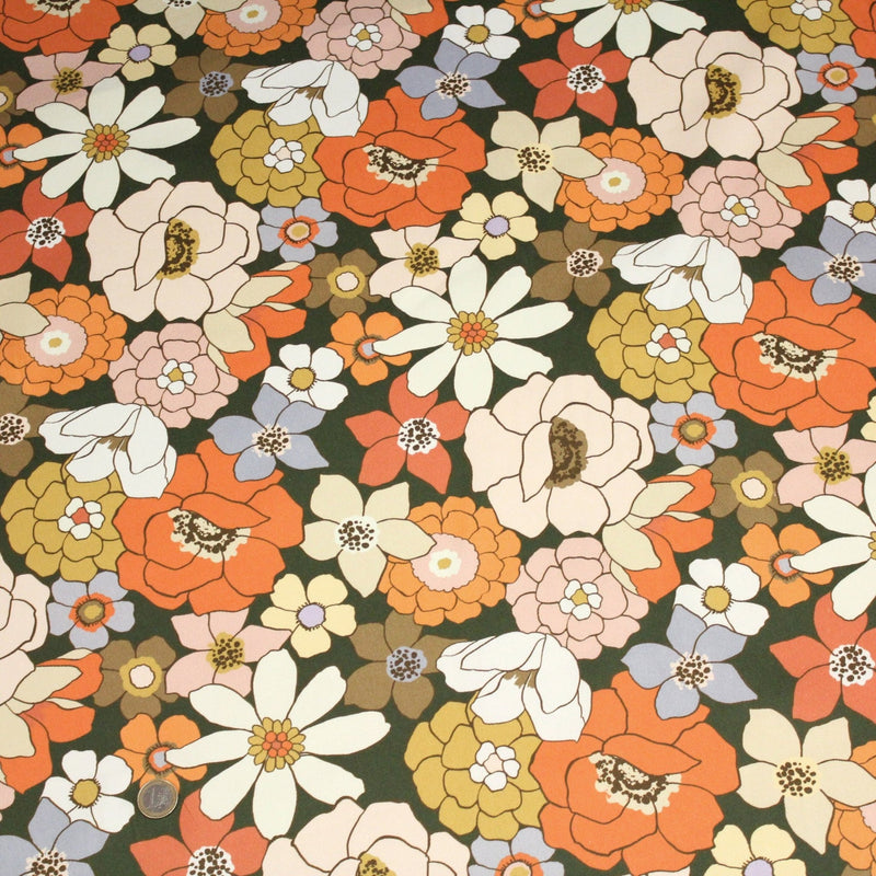 Tissu gabardine de coton SUZANNE imprimé fleurs rétro : bleu, rouille, olive - OEKO - TEX STANDARD 100 - tissuspipi.com