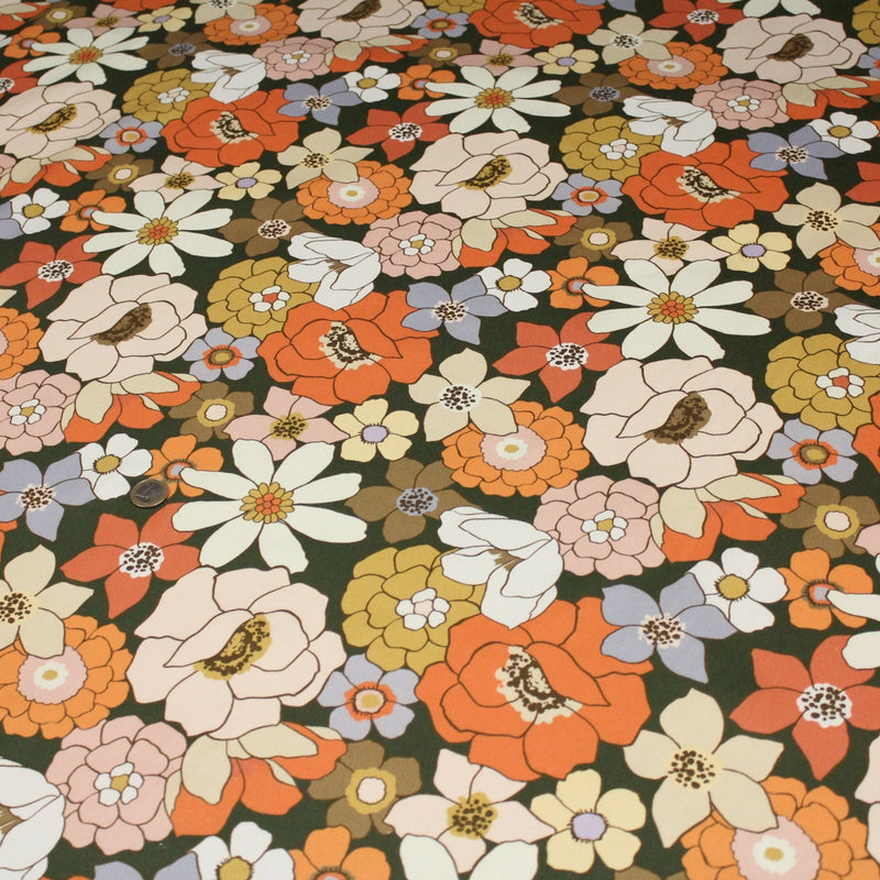 Tissu gabardine de coton SUZANNE imprimé fleurs rétro : bleu, rouille, olive - OEKO - TEX STANDARD 100 - tissuspipi.com