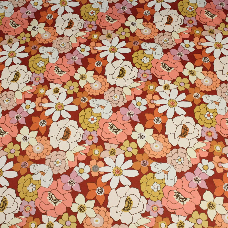 Tissu gabardine de coton SUZANNE imprimé fleurs rétro : bleu, rouille, olive - OEKO - TEX STANDARD 100 - tissuspipi.com