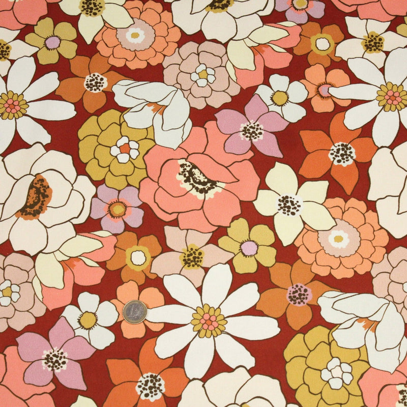 Tissu gabardine de coton SUZANNE imprimé fleurs rétro : bleu, rouille, olive - OEKO - TEX STANDARD 100 - tissuspipi.com
