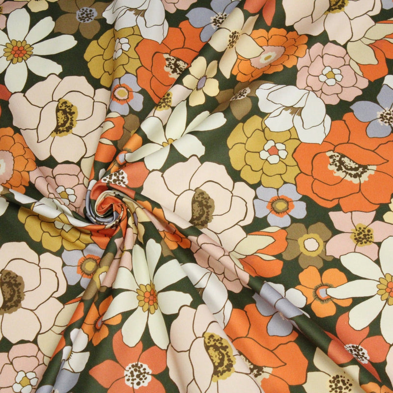 Tissu gabardine de coton SUZANNE imprimé fleurs rétro : bleu, rouille, olive - OEKO - TEX STANDARD 100 - tissuspipi.com