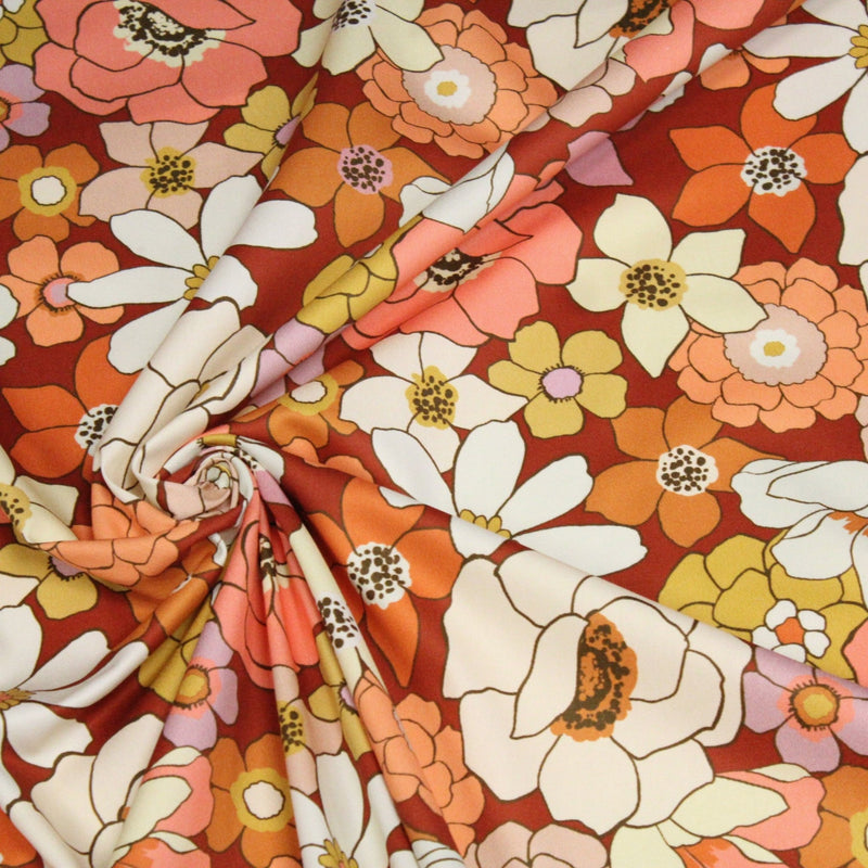 Tissu gabardine de coton SUZANNE imprimé fleurs rétro : bleu, rouille, olive - OEKO - TEX STANDARD 100 - tissuspipi.com