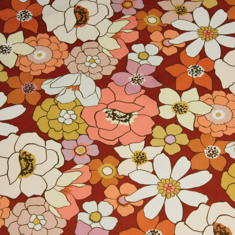 Tissu gabardine de coton SUZANNE imprimé fleurs rétro : bleu, rouille, olive - OEKO - TEX STANDARD 100 - tissuspipi.com