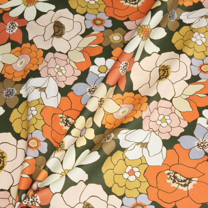 Tissu gabardine de coton SUZANNE imprimé fleurs rétro : bleu, rouille, olive - OEKO - TEX STANDARD 100 - tissuspipi.com