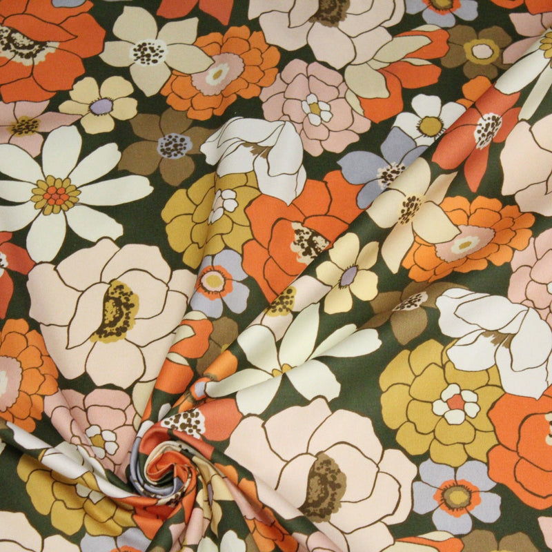 Tissu gabardine de coton SUZANNE imprimé fleurs rétro : bleu, rouille, olive - OEKO - TEX STANDARD 100 - tissuspipi.com