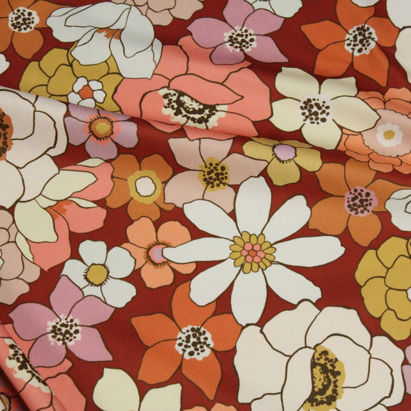 Tissu gabardine de coton SUZANNE imprimé fleurs rétro : bleu, rouille, olive - OEKO - TEX STANDARD 100 - tissuspipi.com