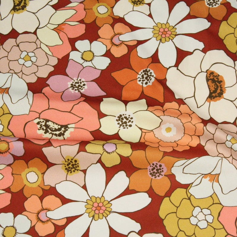 Tissu gabardine de coton SUZANNE imprimé fleurs rétro : bleu, rouille, olive - OEKO - TEX STANDARD 100 - tissuspipi.com