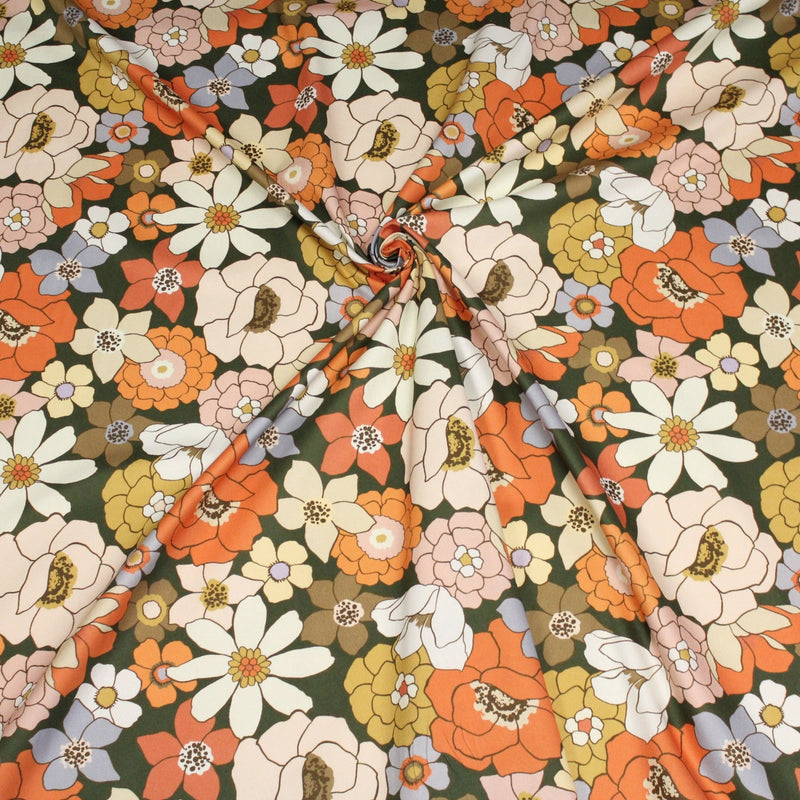 Tissu gabardine de coton SUZANNE imprimé fleurs rétro : bleu, rouille, olive - OEKO - TEX STANDARD 100 - tissuspipi.com