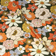 Tissu gabardine de coton SUZANNE imprimé fleurs rétro : bleu, rouille, olive - OEKO - TEX STANDARD 100 - tissuspipi.com