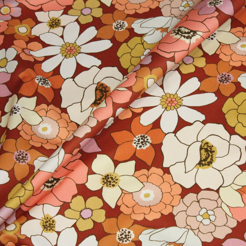 Tissu gabardine de coton SUZANNE imprimé fleurs rétro : bleu, rouille, olive - OEKO - TEX STANDARD 100 - tissuspipi.com