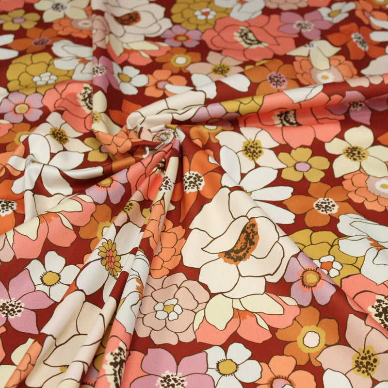 Tissu gabardine de coton SUZANNE imprimé fleurs rétro : bleu, rouille, olive - OEKO - TEX STANDARD 100 - tissuspipi.com