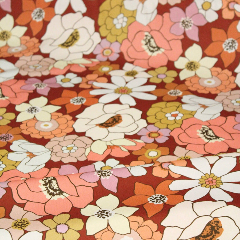 Tissu gabardine de coton SUZANNE imprimé fleurs rétro : bleu, rouille, olive - OEKO - TEX STANDARD 100 - tissuspipi.com