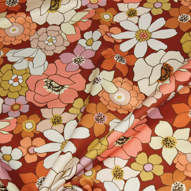 Tissu gabardine de coton SUZANNE imprimé fleurs rétro : bleu, rouille, olive - OEKO - TEX STANDARD 100 - tissuspipi.com
