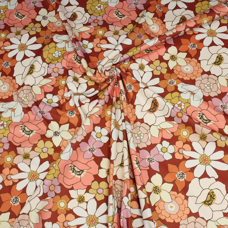 Tissu gabardine de coton SUZANNE imprimé fleurs rétro : bleu, rouille, olive - OEKO - TEX STANDARD 100 - tissuspipi.com