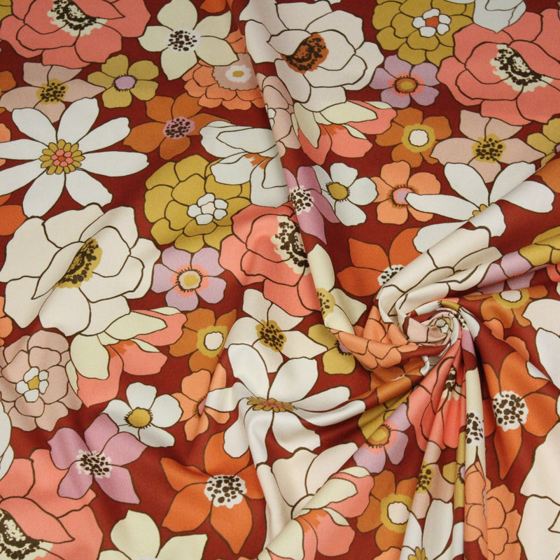 Tissu gabardine de coton SUZANNE imprimé fleurs rétro : bleu, rouille, olive - OEKO - TEX STANDARD 100 - tissuspipi.com