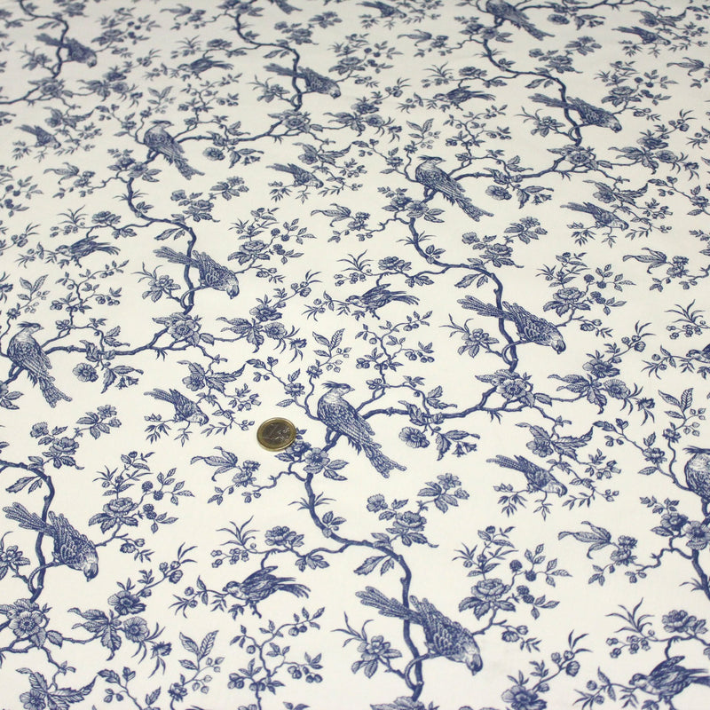 Tissu coton TOILE DE JOUY AUX MESANGES : bleu, vert - OEKO - TEX - tissuspipi.com