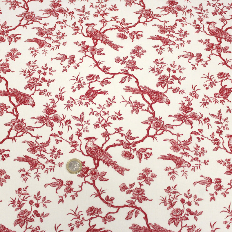 Tissu coton renforcé TOILE DE JOUY AUX MESANGES grande largeur 280cm : bleu, rouge, vert, gris - OEKO - TEX - tissuspipi.com