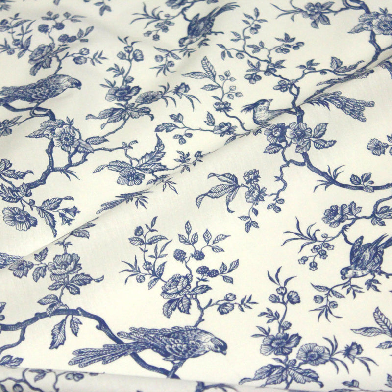 Tissu coton TOILE DE JOUY AUX MESANGES : bleu, vert - OEKO - TEX - tissuspipi.com