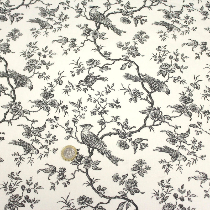 Tissu coton renforcé TOILE DE JOUY AUX MESANGES grande largeur 280cm : bleu, rouge, vert, gris - OEKO - TEX - tissuspipi.com