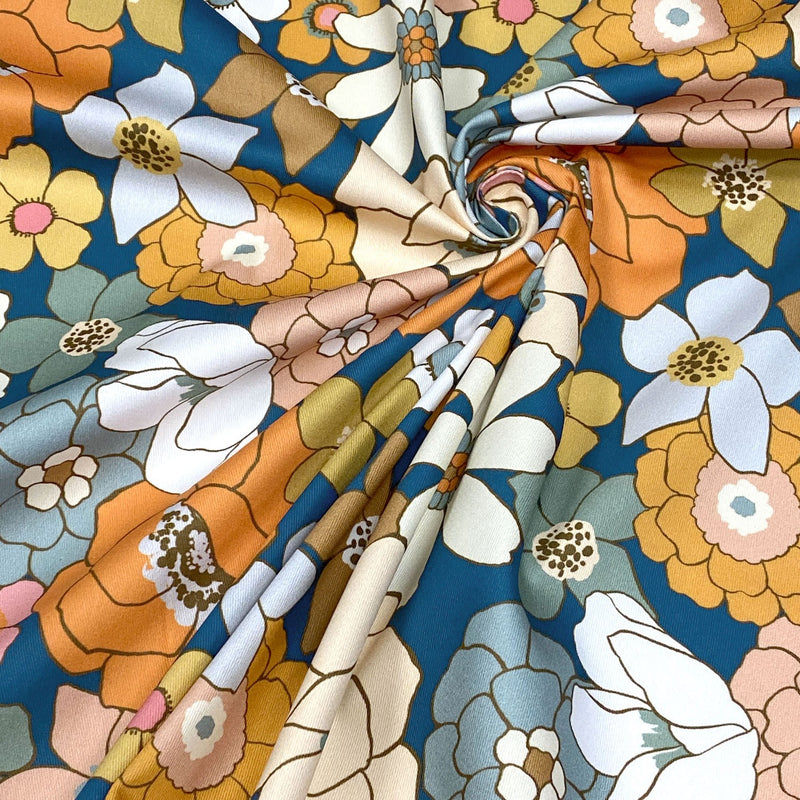 Tissu gabardine de coton SUZANNE imprimé fleurs rétro : bleu, rouille, olive - OEKO - TEX STANDARD 100 - tissuspipi.com