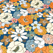 Tissu gabardine de coton SUZANNE imprimé fleurs rétro : bleu, rouille, olive - OEKO - TEX STANDARD 100 - tissuspipi.com
