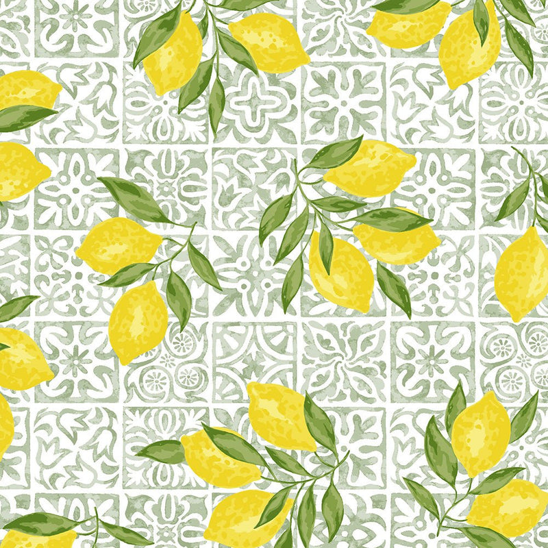 Tissu cotonnade Carreaux de faïence et citrons : tons verts ou bleus - COLLECTION SICILIA - OEKO - TEX STANDARD 100 - tissuspipi.com
