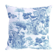 Tissu Toile de Jouy moderne bleue, forêt tropicale, singes et léopards - COLLECTION ANIMALIA, par la maison Thevenon - tissuspipi.com