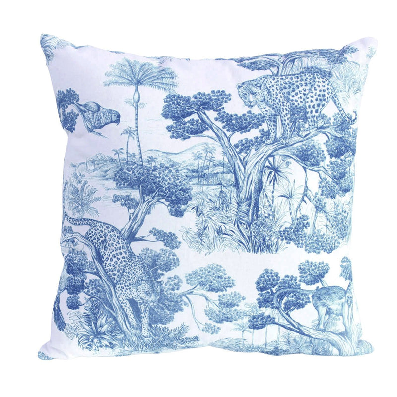 Tissu Toile de Jouy moderne bleue, forêt tropicale, singes et léopards - COLLECTION ANIMALIA, par la maison Thevenon - tissuspipi.com