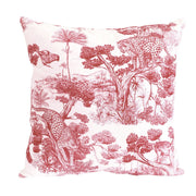 Tissu Toile de Jouy moderne rouge, forêt tropicale, singes et léopards - COLLECTION ANIMALIA, par la maison Thevenon - tissuspipi.com