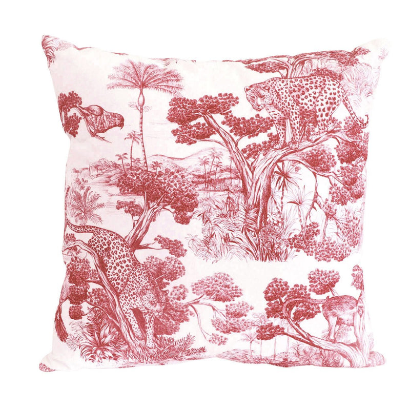 Tissu Toile de Jouy moderne rouge, forêt tropicale, singes et léopards - COLLECTION ANIMALIA, par la maison Thevenon - tissuspipi.com