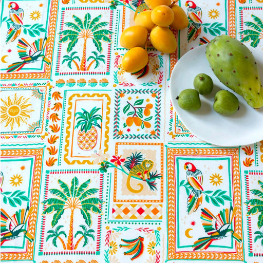 Tissu cotonnade PALMIERS, ANANAS, PERROQUETS - COLLECTION SICILIA - OEKO - TEX STANDARD 100 - tissuspipi.com