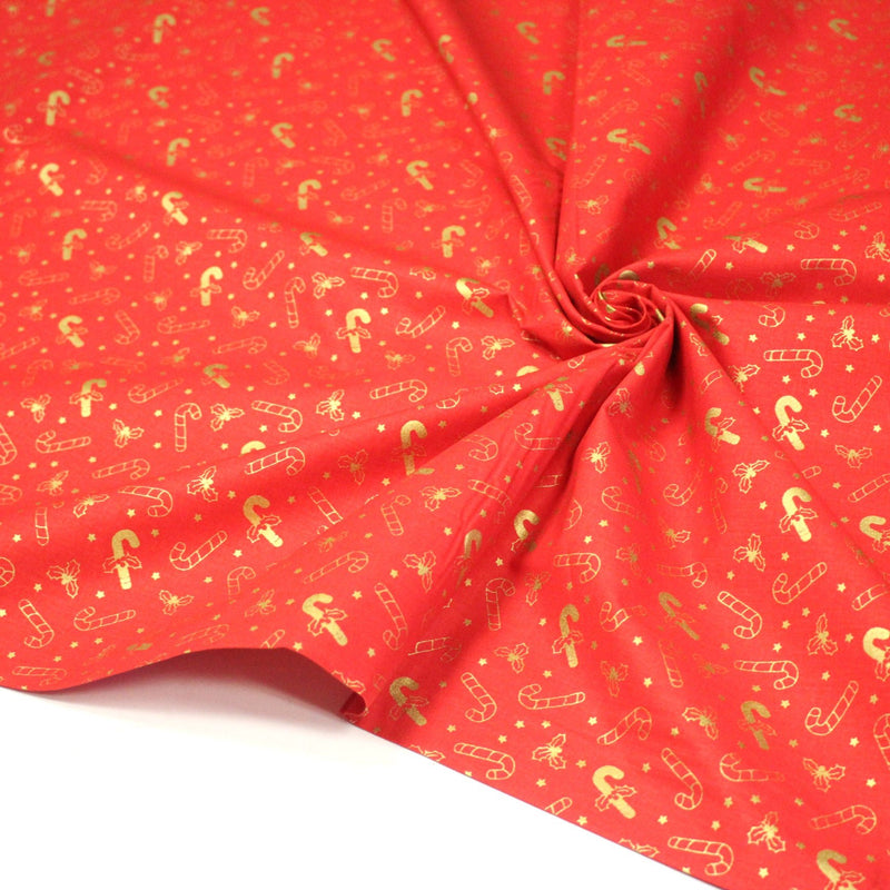 Tissu coton NOËL rouge aux houx et sucres d'orge dorés - OEKO - TEX - tissuspipi.com