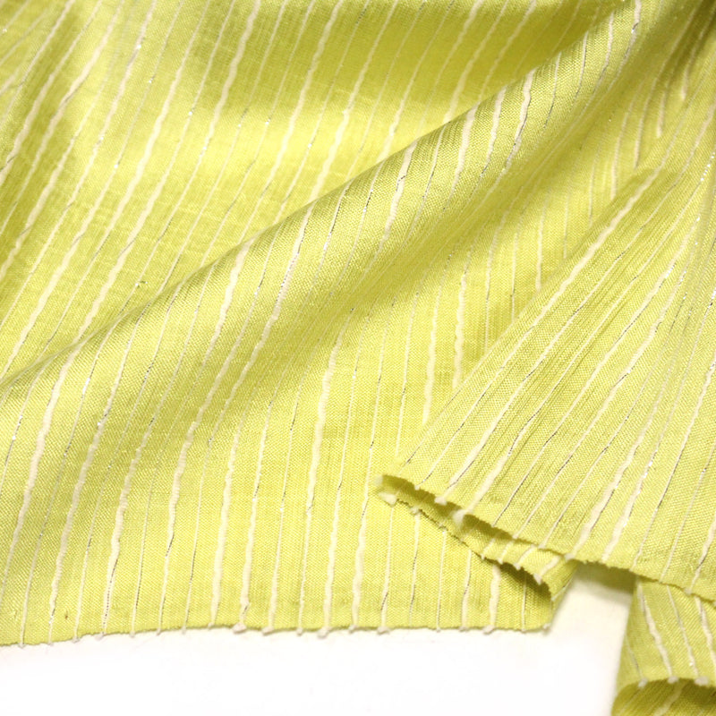 Tissu coton soie tissé rayé, trois couleurs : vert, jaune, gris - MADE IN FRANCE - tissuspipi.com