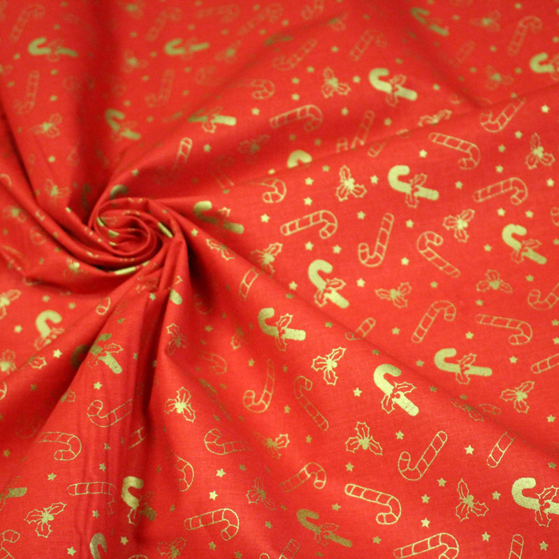 Tissu coton NOËL rouge aux houx et sucres d'orge dorés - OEKO - TEX - tissuspipi.com