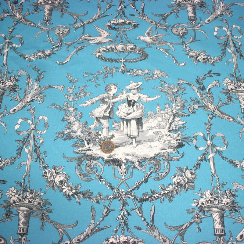 Tissu coton épais TOILE DE JOUY LES AMOURS, bleu, grande largeur 280cm - tissuspipi.com