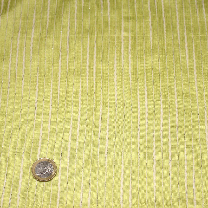Tissu coton soie tissé rayé, trois couleurs : vert, jaune, gris - MADE IN FRANCE - tissuspipi.com