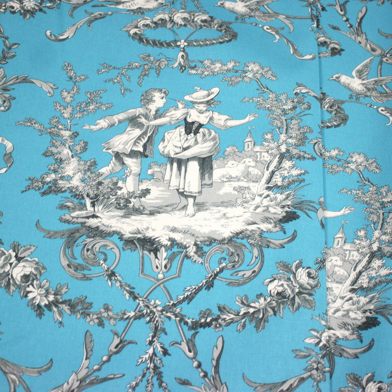 Tissu coton épais TOILE DE JOUY LES AMOURS, bleu, grande largeur 280cm - tissuspipi.com